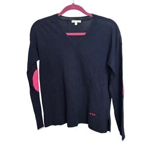 Lisa Todd | V-Neck Sweater Blue Linen Blend Pink Neon Elbow Patch Sz S